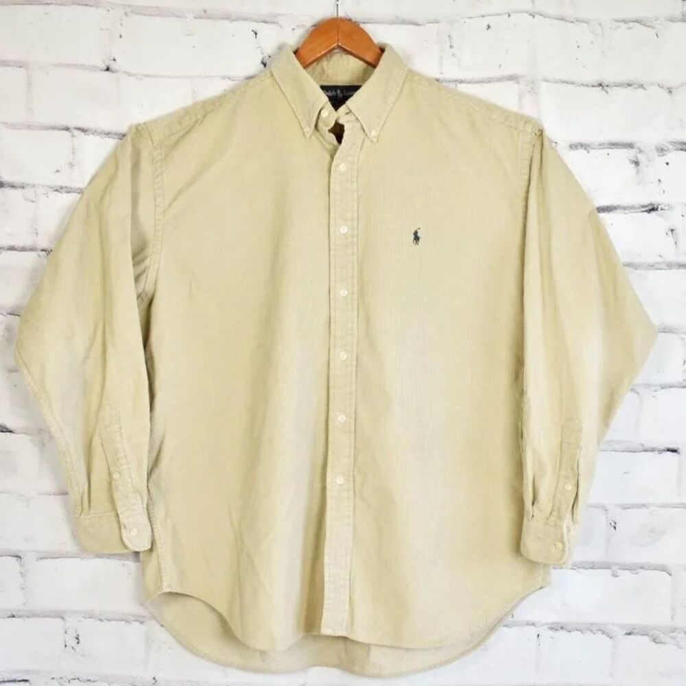 Vintage Polo Ralph Lauren Blair Corduroy Button Down Shirt Tan Beige XL XXL 90s